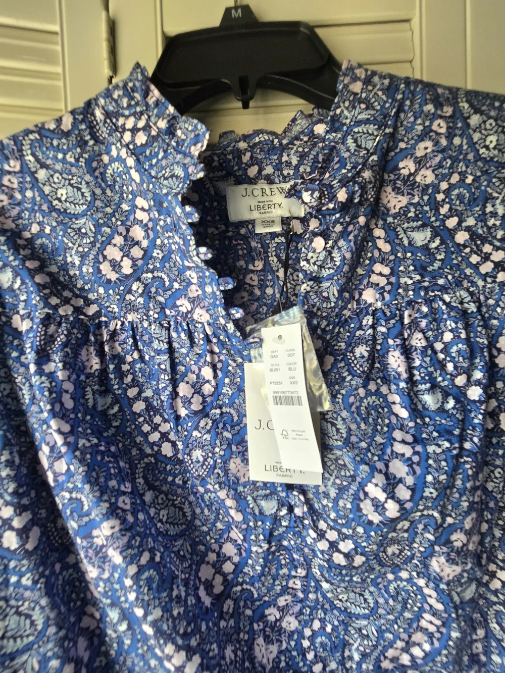 NWT J. Crew Liberty Blue Paisley Floral Button-Front Popover Blouse Cotton XXS